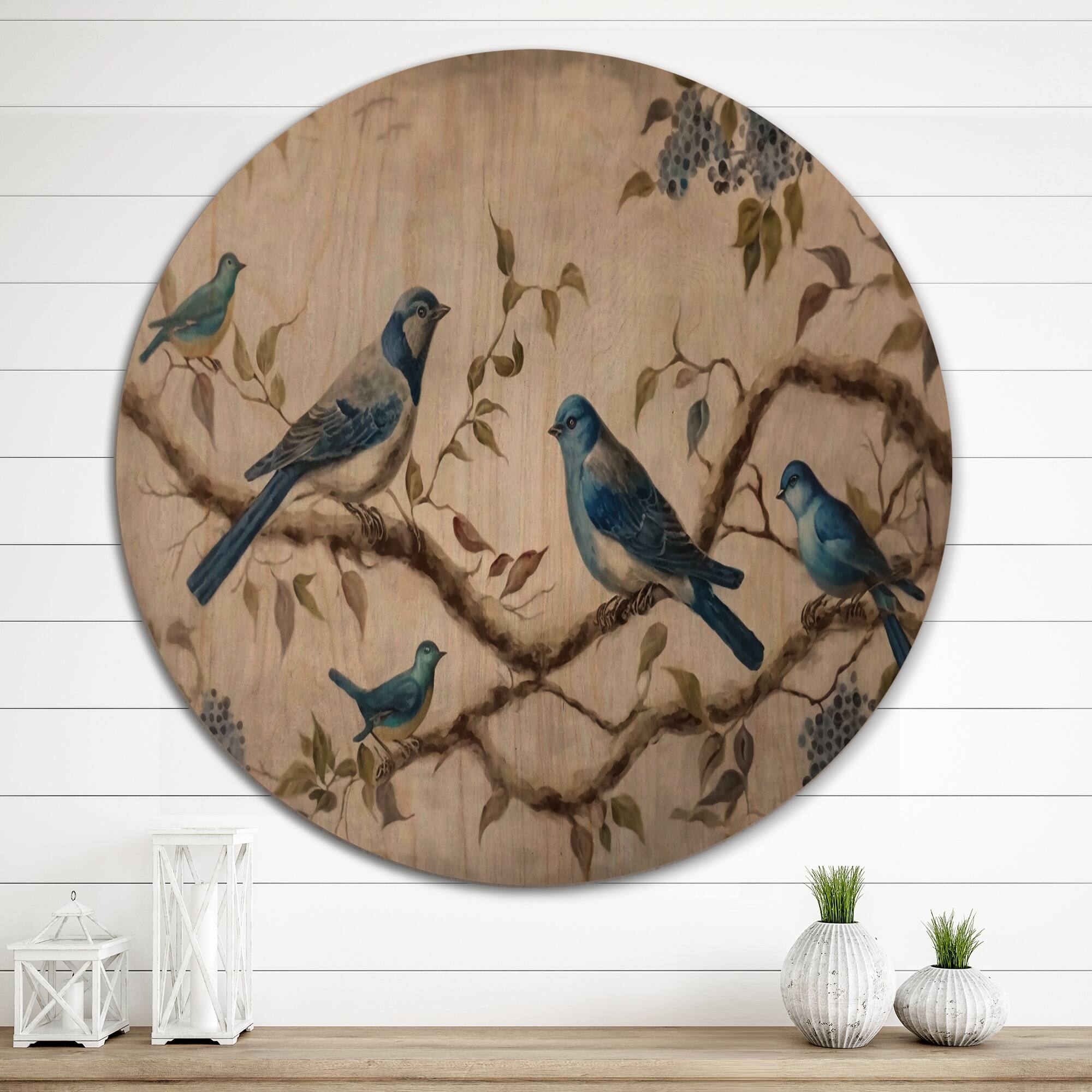 Designart "Four Vintage Blue Birds On A Branch I" Animals Bird Wood